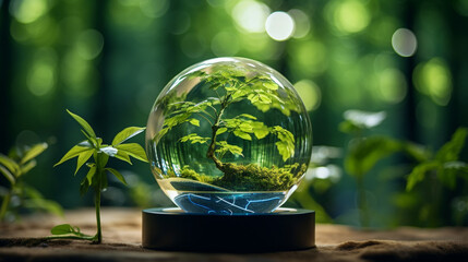 Crystal globe putting on moss, ecology and environment sustainable concept.