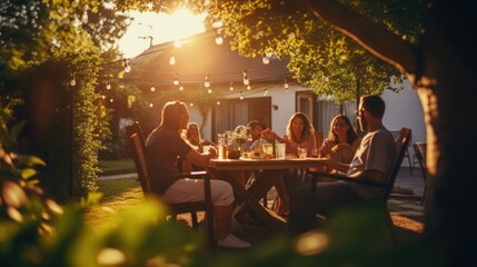 A group of people at a barbecue at sunset. Summer vacation. Grilled vegetables. Dinner on the grill. Tasty juicy meat cooked on the grill. Holiday