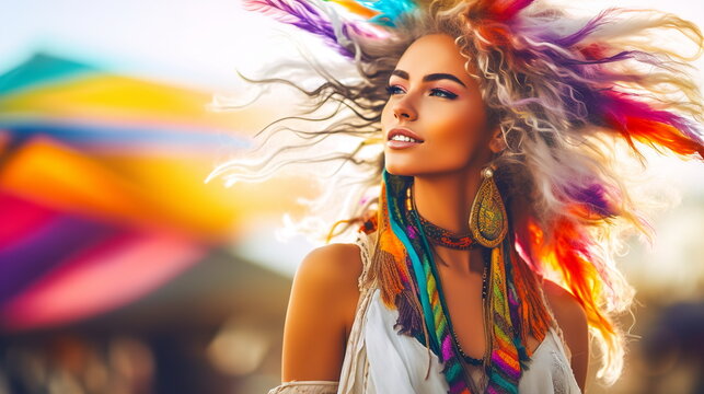 Portrait Of A Woman With Long Blond Hair Blowing In The Wind And Bright Multi-colored Feathers On Her Head, Dressed In A Boho Style.On Blurry Nature Background.