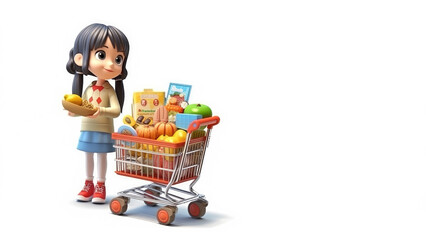 Happy girl is pushing a shopping cart