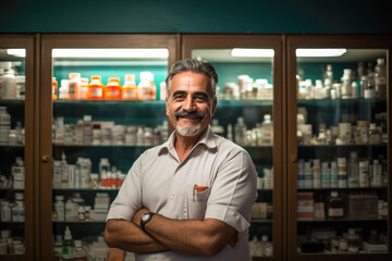 Happy Indian asian male pharmacist standing in a drug store or medicine shop with crossed arms