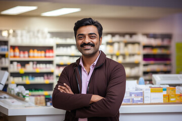 Fototapeta na wymiar Happy Indian asian male pharmacist standing in a drug store or medicine shop with crossed arms