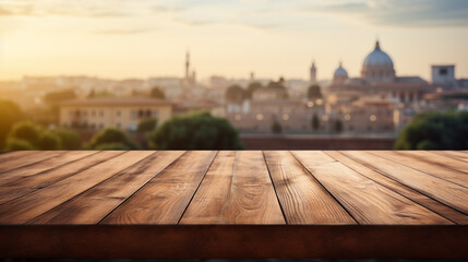 The empty wooden table top with blur background of Rome. Exuberant image.