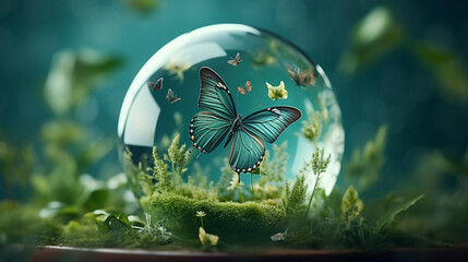 Concept Save the world save environment The world is in the grass of the green bokeh background