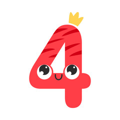Funny Red Number Four or Numeral with Eye Vector Illustration