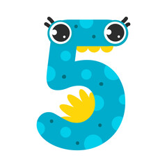 Funny Blue Number Five or Numeral with Eye Vector Illustration