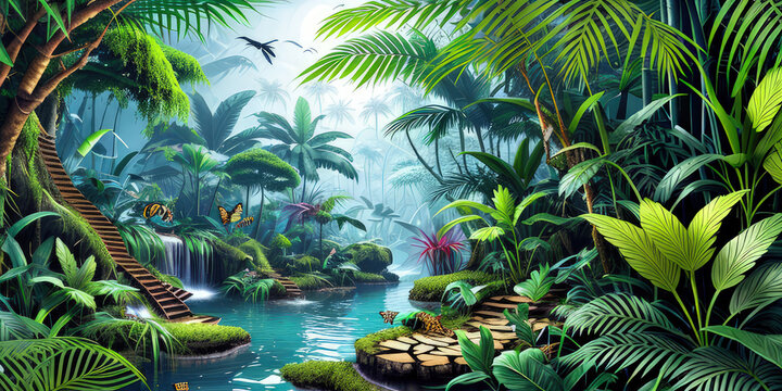 Landscape Illustration Fantasy Tropical Nature Forest Environment With Scenic Green Foliage. Digital Art. 3D Environment