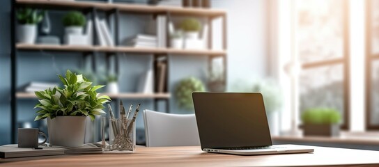 Professional workspace with laptop, desk, and shelves in home office interior design blur background