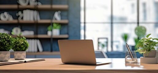 Fototapeta premium Professional workspace with laptop, desk, and shelves in home office interior design blur background