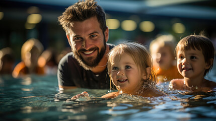 Kids practicing their swimming skills under the guidance of an instructor