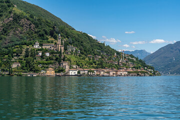 Fototapeta na wymiar View of the village of Morcote on the Lugano Lake, considered one the most beautiful village in Switzerland