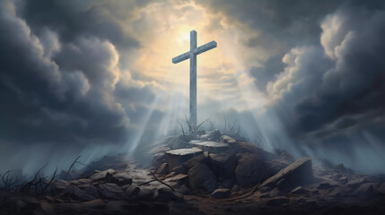 wooden cross at a mountain peak. ai generated