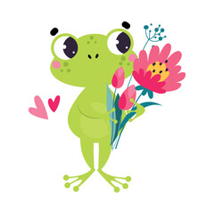 Cute Green Frog Gardener Holding Bunch of Flowers Vector Illustration