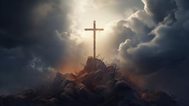 wooden cross at a mountain peak. ai generated