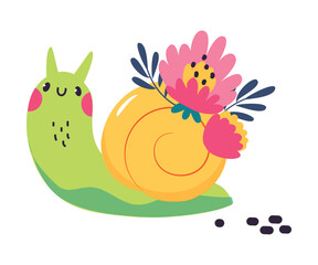 Cute Snail Gardener Carry Flowers on Its Shell Vector Illustration