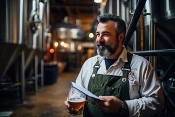 The brewer is standing in his brewery and checking the purity of the beer.