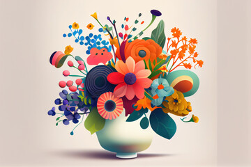 Generative AI illustration of a vase with flowers on a beige background