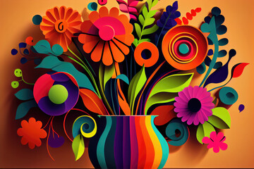 Generative AI illustration of embossed flowers in cardboard style, paper