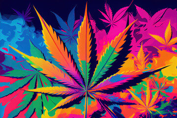 Generative AI multicoloured marijuana leaf illustration