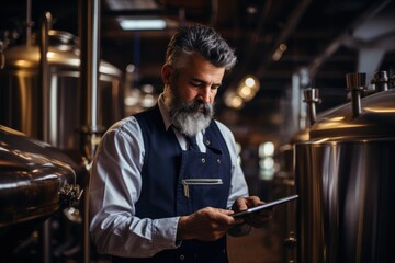 The brewer is standing in his brewery and checking the purity of the beer.
