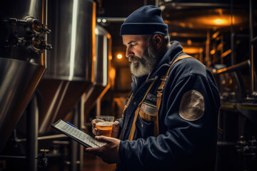 The brewer is standing in his brewery and checking the purity of the beer.
