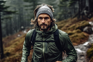 Obraz premium A young man with a beard in a windbreaker and with a backpack runs along a mountainside in the rain.