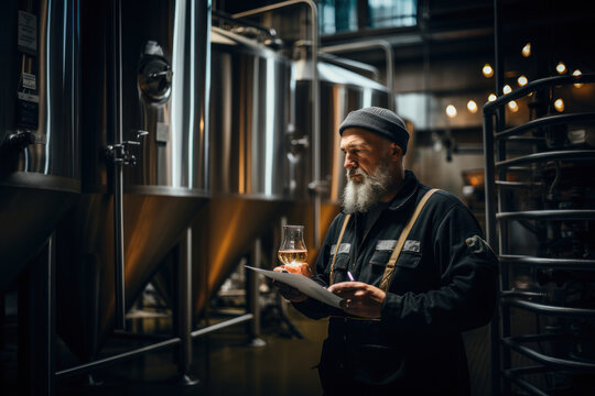 The brewer is standing in his brewery and checking the purity of the beer.
