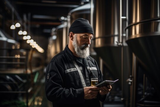 The brewer is standing in his brewery and checking the purity of the beer.