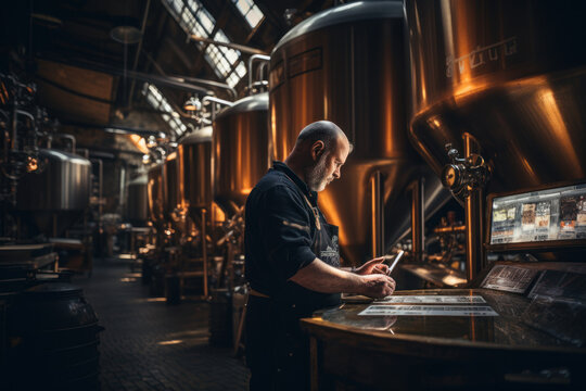The brewer is standing in his brewery and checking the purity of the beer.
