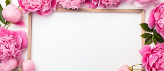 A bright summer flower concept featuring a top view of a wooden frame surrounded by beautiful pink peonies on a white background. It is a mockup for a greeting card or invitation to a holiday or