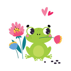 Cute Green Frog Gardener Sitting with Flower Vector Illustration