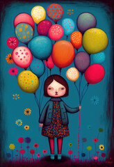 IA Generative illustration of girl holding many balloons on a blue background