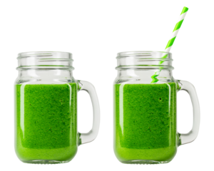 Smoothie. Green smoothie. Mason Jar with handle. Drinking green apple  smoothie or juice. Healthy vegetarian diet. Raw food and drink. Food photography. High resolution photo. Isolated background.