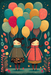 IA Generative illustration of two girls holding lots of balloons. Birthday. Anniversary