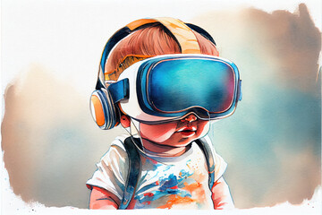 IA Generative illustration of a baby with the virtual reality goggles