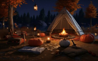 Rustic Campsite with Lantern, Fire Pit, and Cozy Blanket. AI