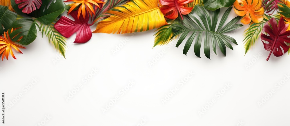 Poster A minimal and exotic concept with a copy space is created by arranging colorful tropical leaves on a white background. The layout features a creative border arrangement