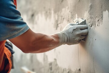 hand of worker plastering cement at wall for building house, Generative AI 