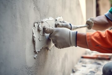 hand of worker plastering cement at wall for building house, Generative AI 