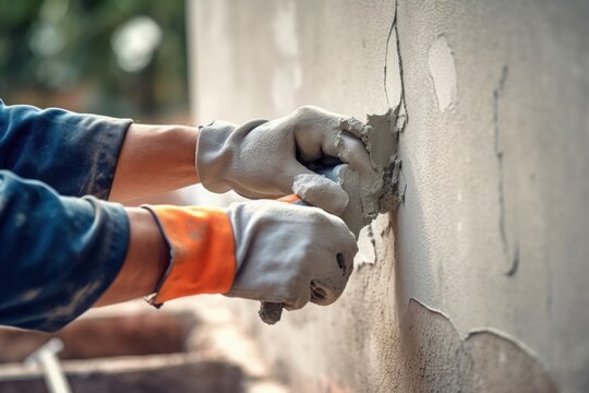 hand of worker plastering cement at wall for building house, Generative AI 
