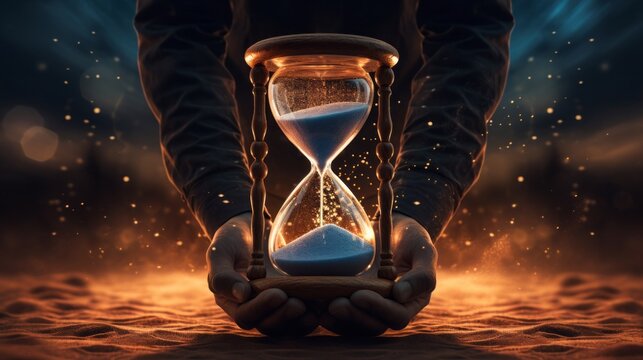 Person holding an hourglass, but instead of sand, it contains scenes from their life journey. As the sand passes through, it portrays the experiences and memories that shape one's existence.