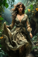 Obraz na płótnie Canvas Beautiful female running through the jungle. Generative AI