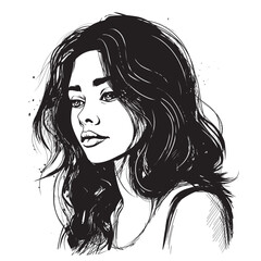 Vector portrait of a fashionable young beautiful girl with tousled hair. Black and white female portrait