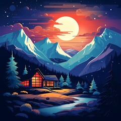 a night scene with mountains and a house