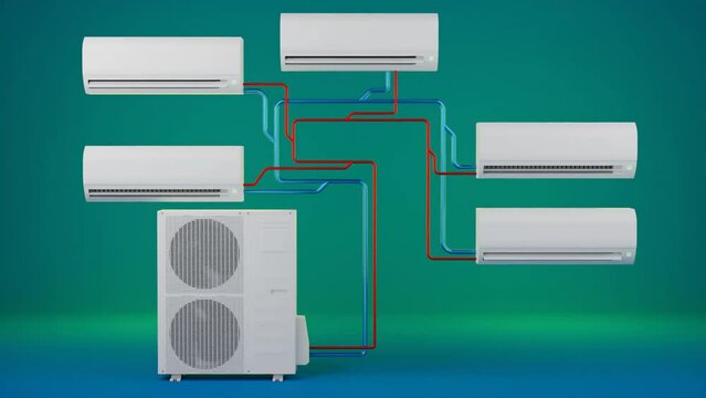 multi-system air conditioner one outdoor unit and several indoor units. 3D render