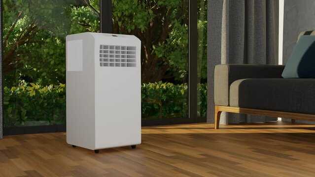 portable air conditioning in a room with a large window next to a sofa. 3d render