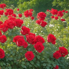 Beautiful red roses against backdrop of greenery of a well-groomed garden in morning sun. Roses flowers in nature outdoors.