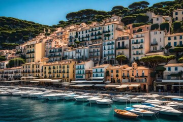 Obraz premium Colorful seaside town buildings line a harbor filled with docked boats under bright sunlight.