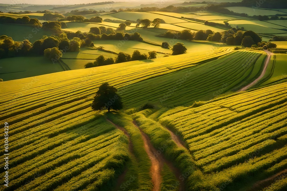 Poster areal view of green fields generated by ai tool