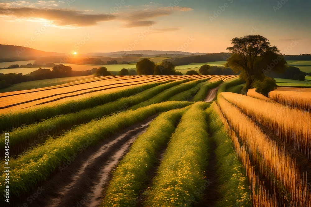 Poster sunset over the field of wheat generated by ai tool